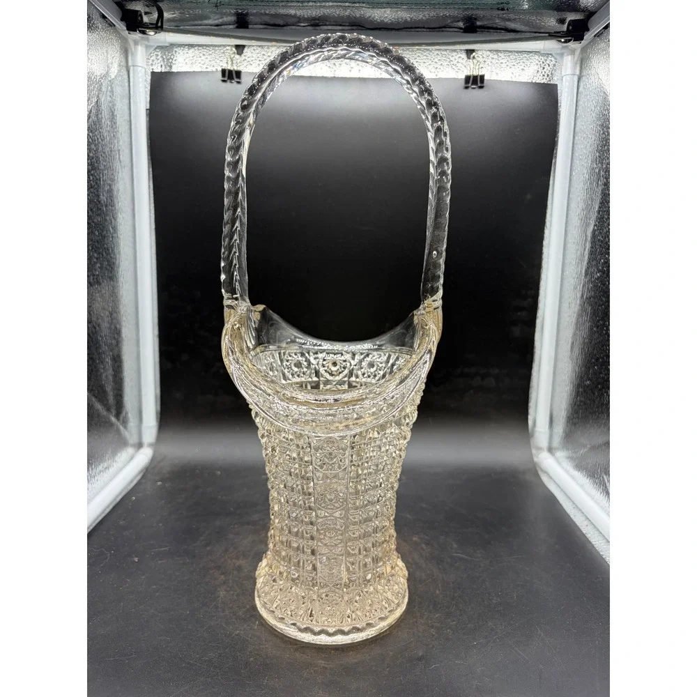 Vintage Clear Pressed Glass Basket Twisted Handle Diamond Starburst 13.5in